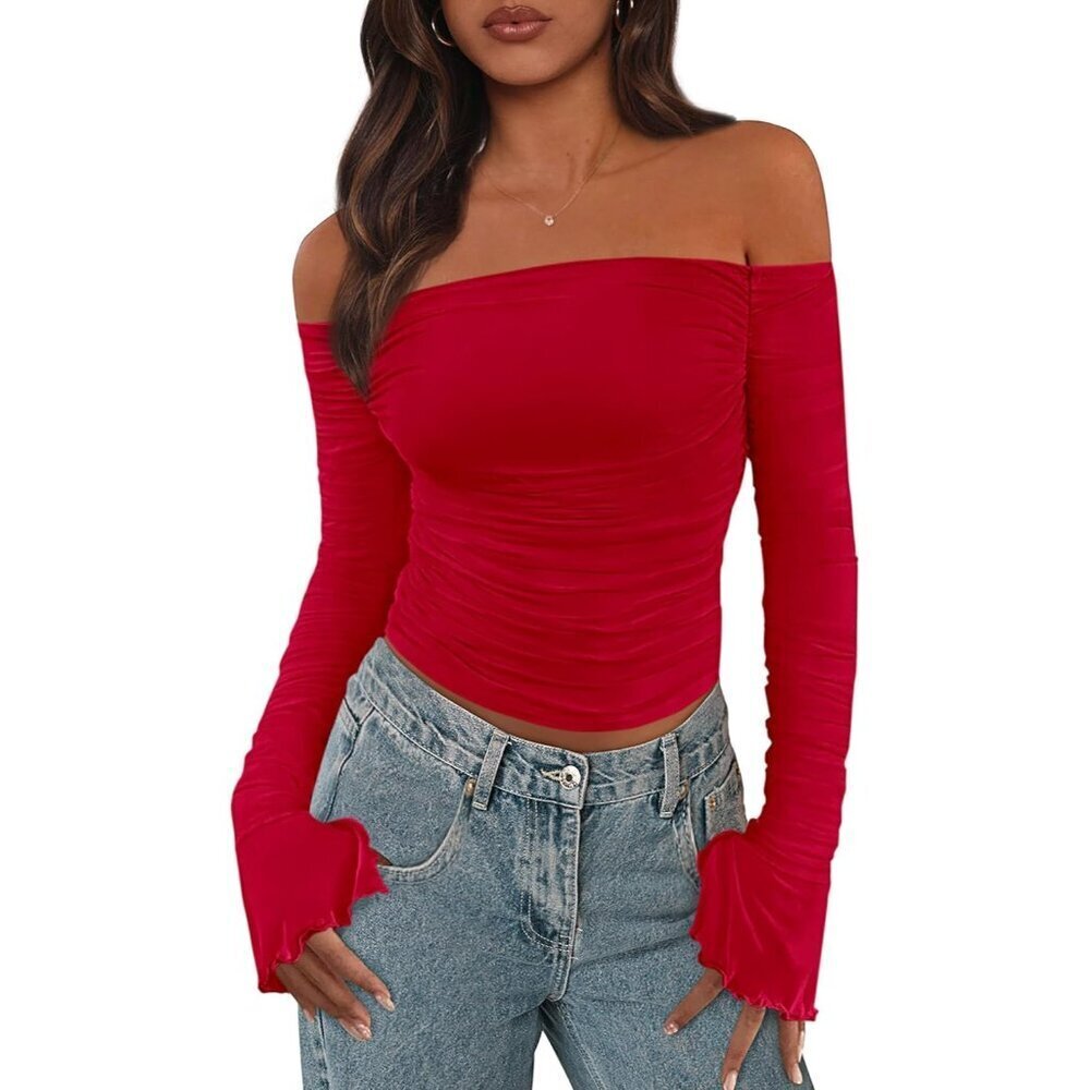 Women’s Mesh Cropped Top Long Sleeve Off Shoulder Y2K Trendy Casual